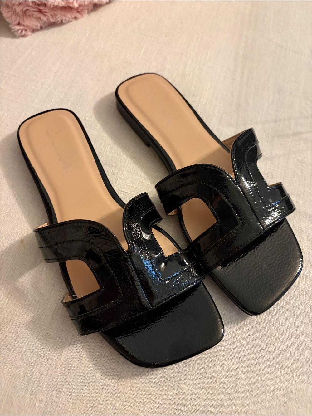 Soda Black Patent Slide Mules